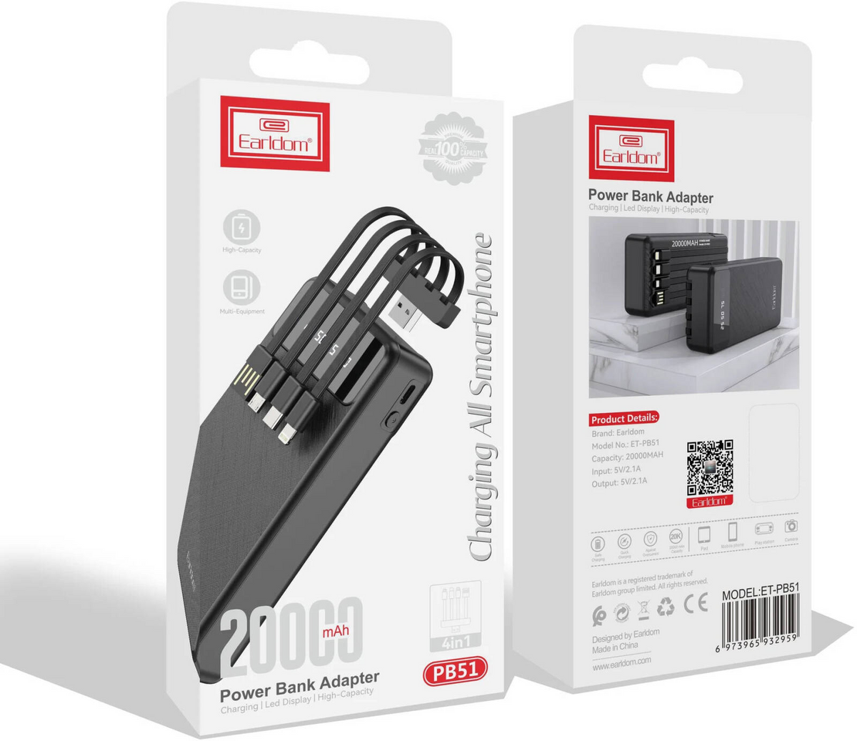 Bateria Externa Earldom PB51 20.000 mAh con Cables