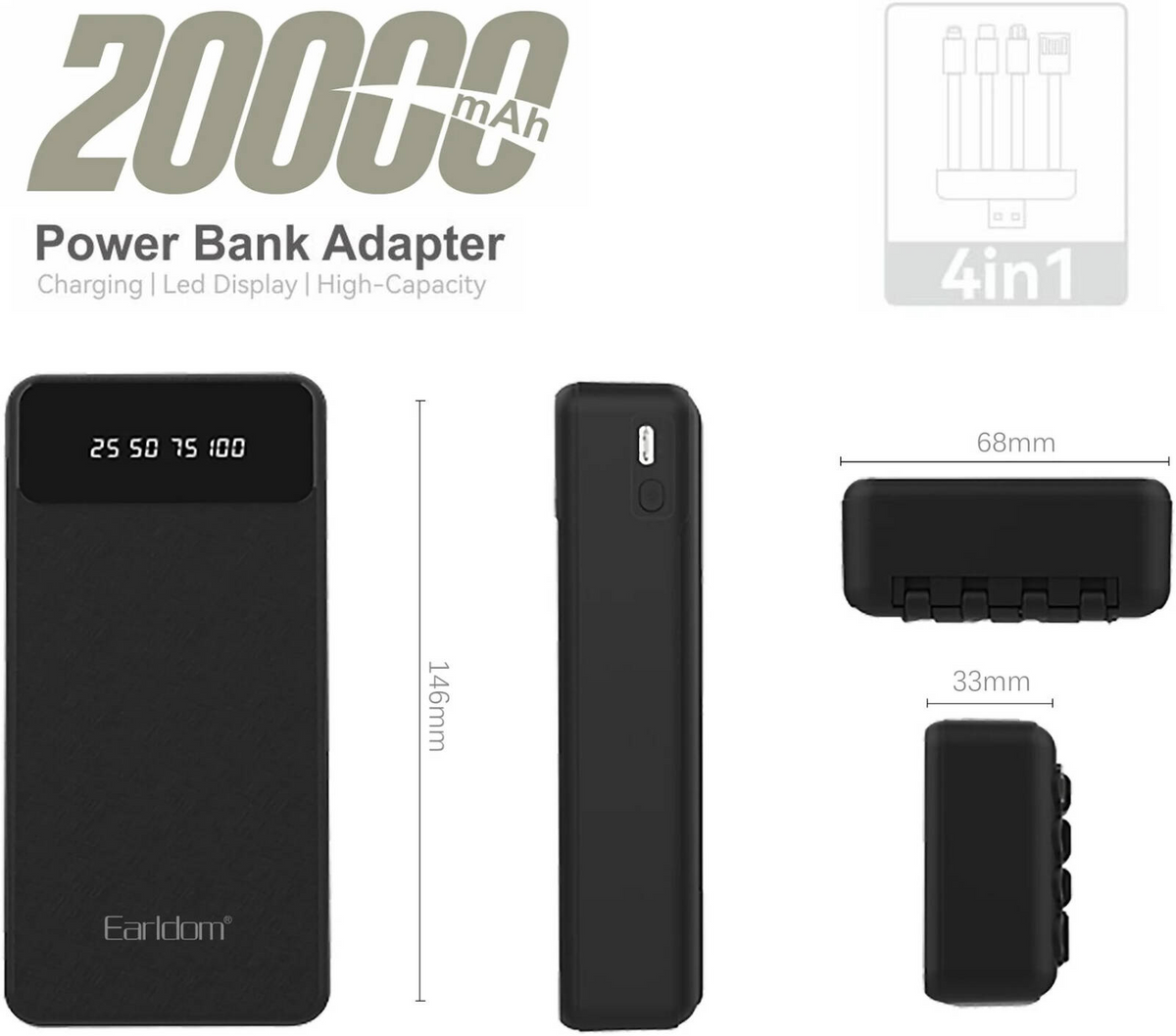 Bateria Externa Earldom PB51 20.000 mAh con Cables