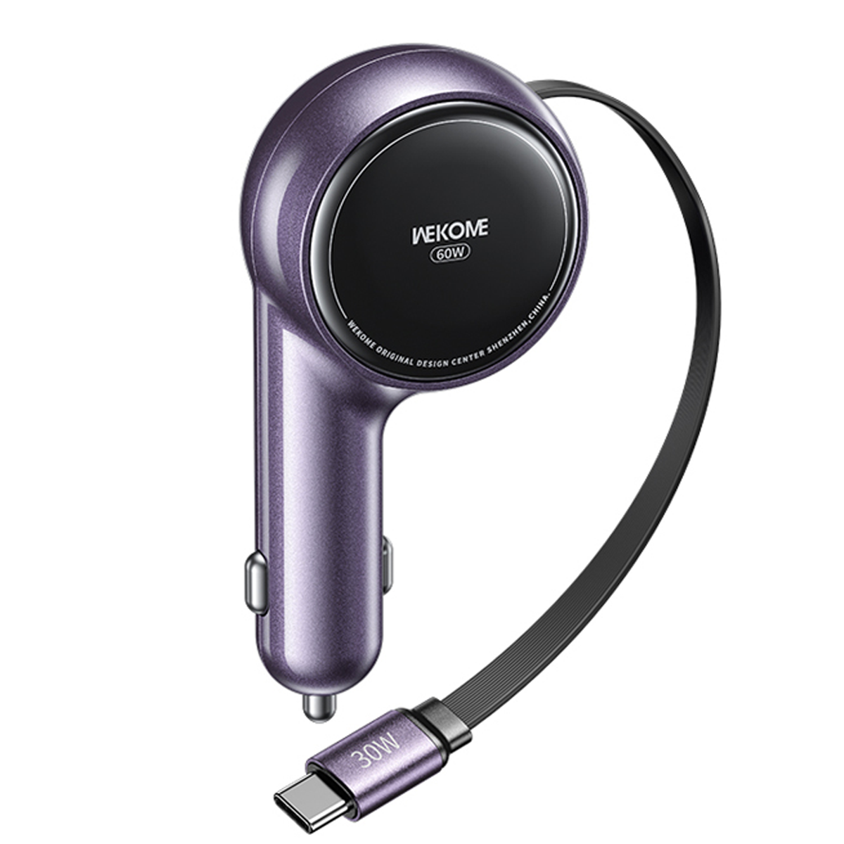 Adaptador Carro Carga Rápida Doble USB-C con Cable Retráctil 60W WP-C50 Lila