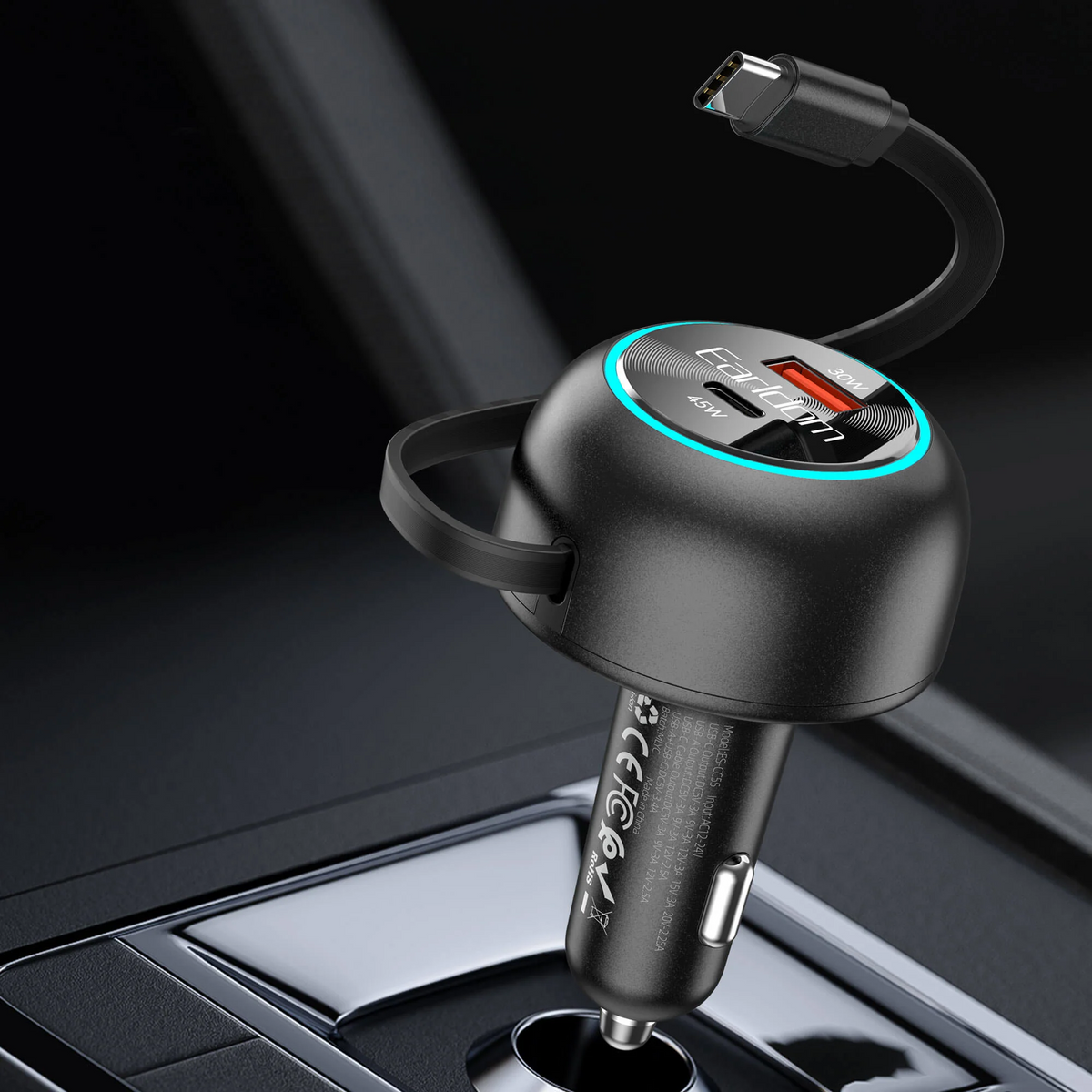 Adaptador carro Carga Rápida USB-C / C con Cable Retráctil 75W Earldom ES-CC55