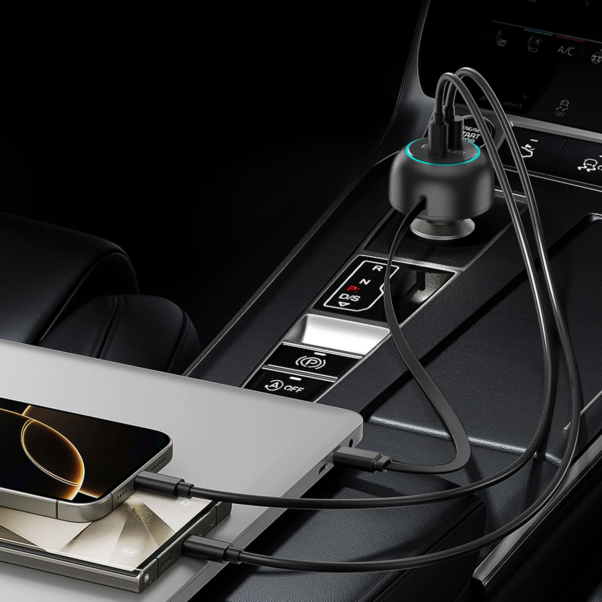Adaptador carro Carga Rápida USB-C / C con Cable Retráctil 75W Earldom ES-CC55