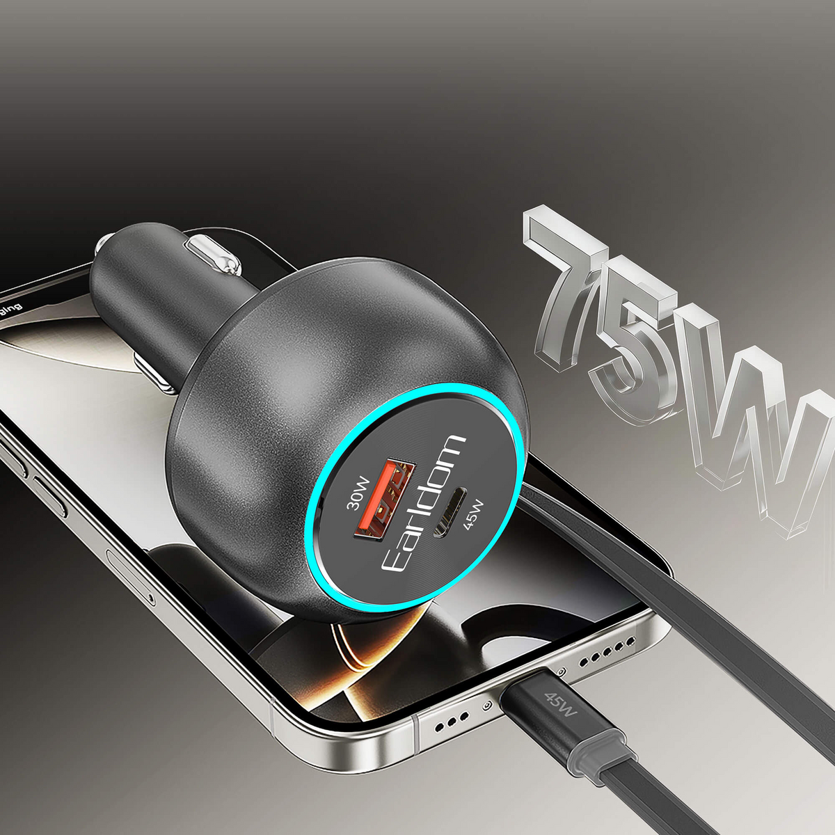 Adaptador carro Carga Rápida USB-C / C con Cable Retráctil 75W Earldom ES-CC55