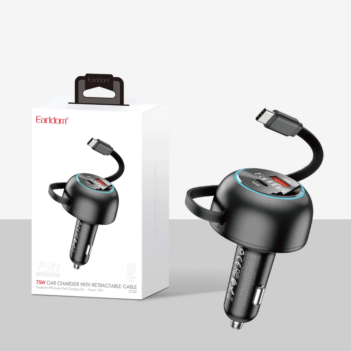 Adaptador carro Carga Rápida USB-C / C con Cable Retráctil 75W Earldom ES-CC55