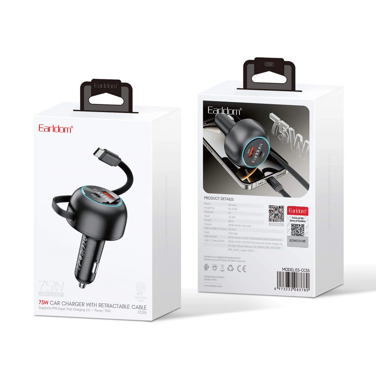 Adaptador carro Carga Rápida USB-C / C con Cable Retráctil 75W Earldom ES-CC55