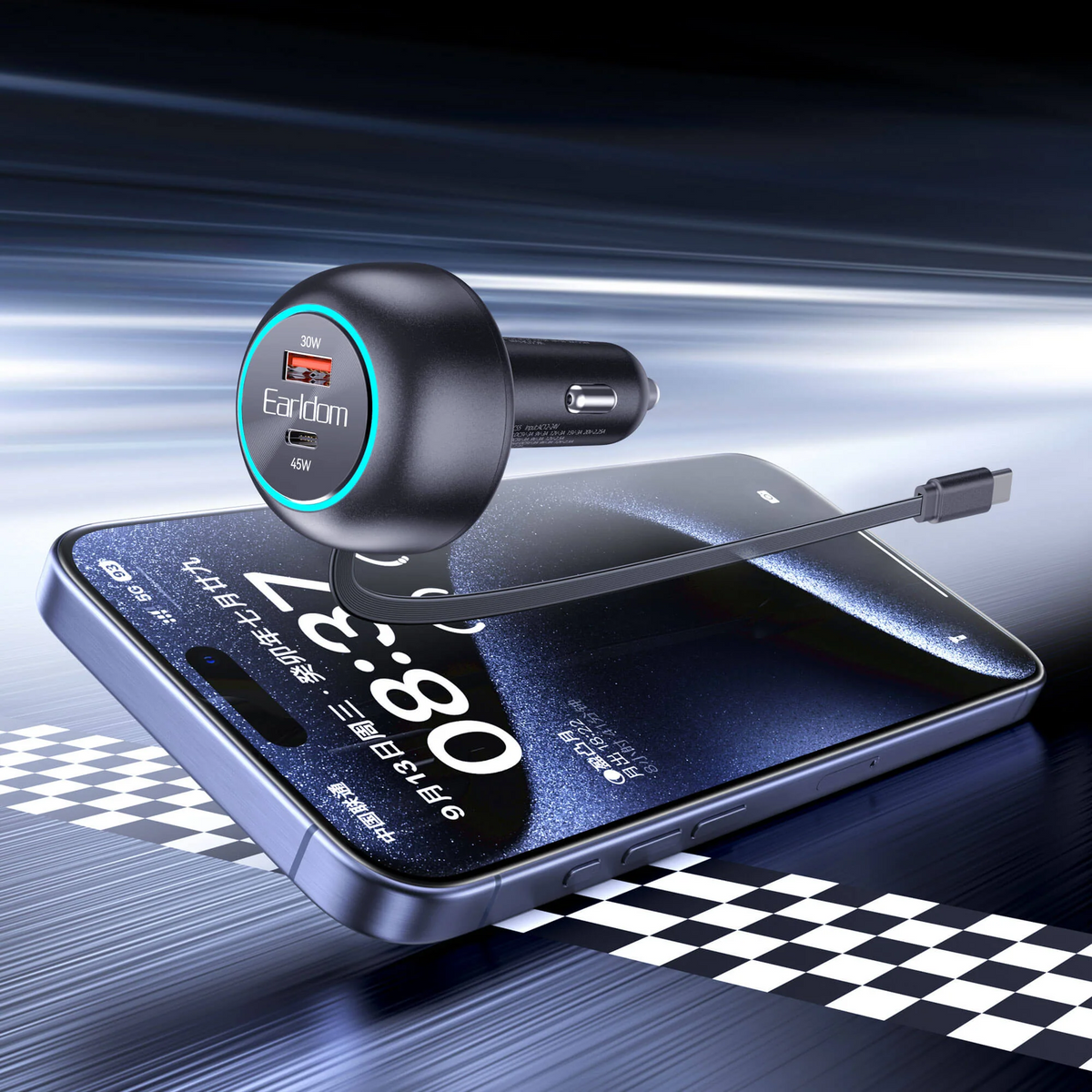 Adaptador carro Carga Rápida USB-C / C con Cable Retráctil 75W Earldom ES-CC55