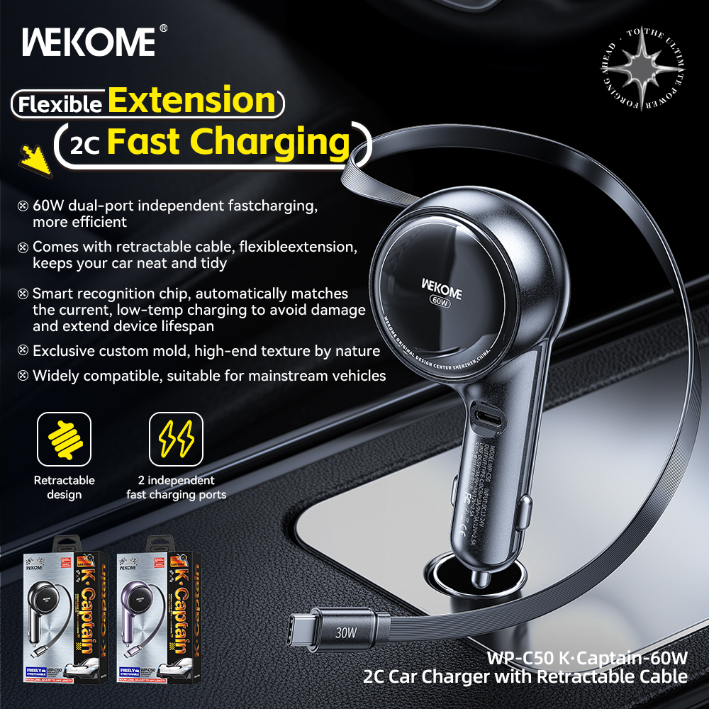 Adaptador Carro Carga Rápida Doble USB-C con Cable Retráctil 60W WP-C50 Lila