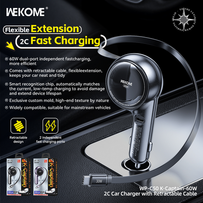 Adaptador Carro Carga Rápida Doble USB-C con Cable Retráctil 60W WP-C50 Lila